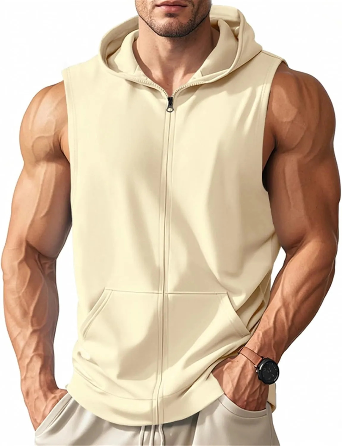 Mens Sleeveless Hooded Tank Tops Workout Zip Up Gym Fitness Training Shirts Muscle Cut Off T Shirt Bodybuilding Vests