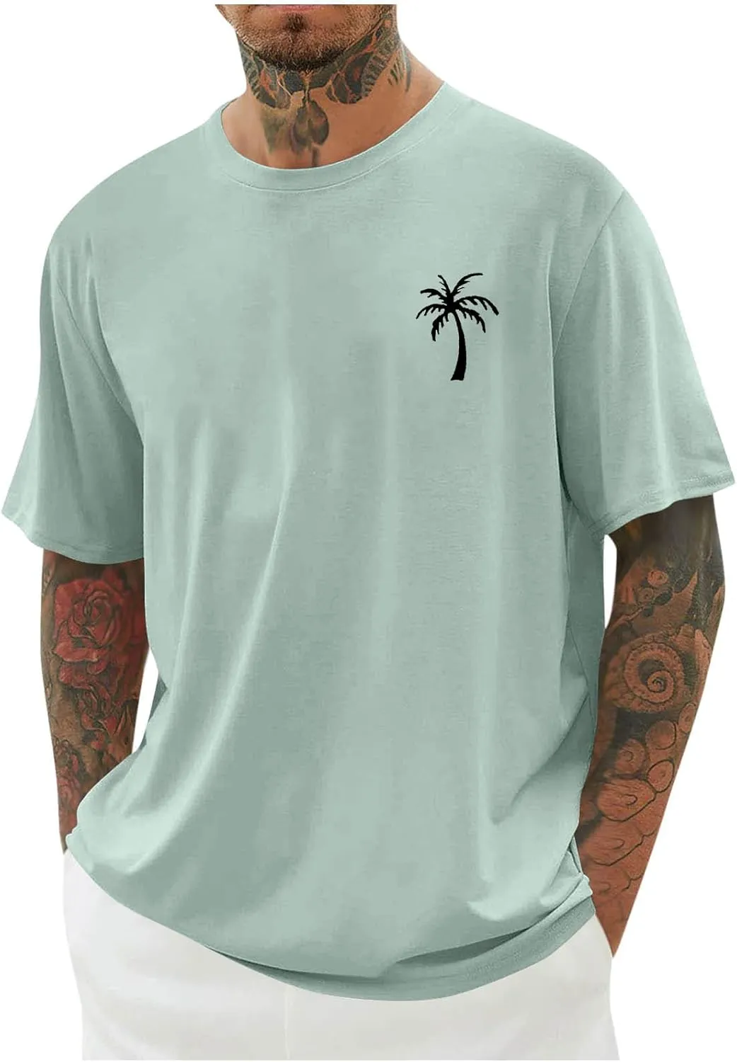 Men's Tropical Coconut Trees Printed Hawaiian T Shirt Short Sleeve Crew Neck Casual Summer Basic Tee Shirts Tops
