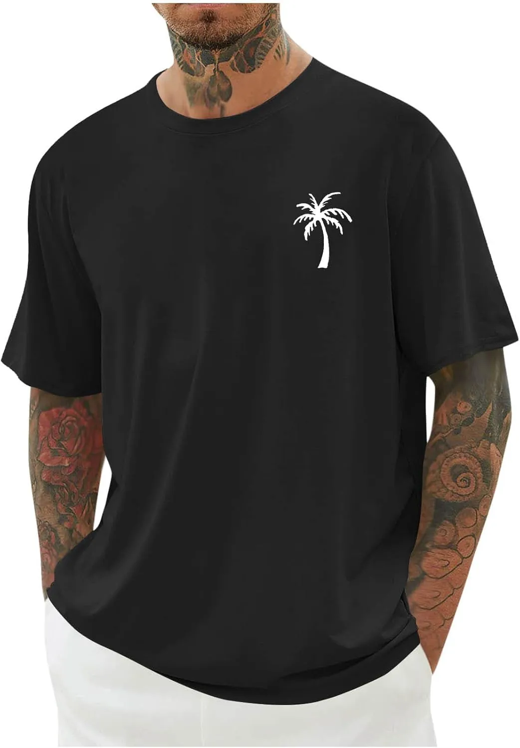 Men's Tropical Coconut Trees Printed Hawaiian T Shirt Short Sleeve Crew Neck Casual Summer Basic Tee Shirts Tops