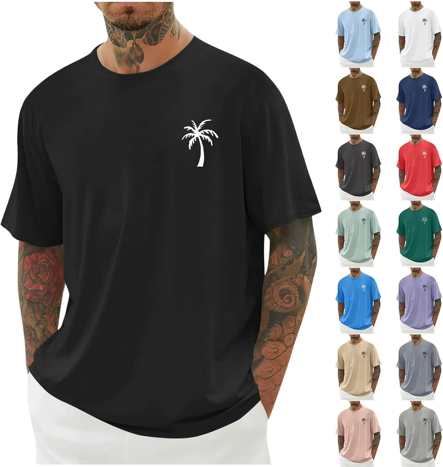 Men's Tropical Coconut Trees Printed Hawaiian T Shirt Short Sleeve Crew Neck Casual Summer Basic Tee Shirts Tops