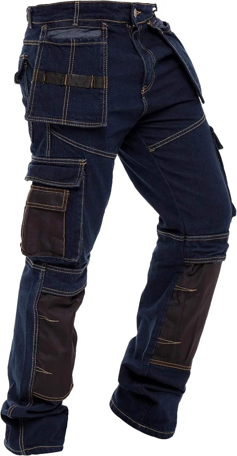 Mens Work Pants Tactical Utility Cargo Work Trousers Heavy Duty Construction Pants for Men Multi Pockets Denim Working Jeans