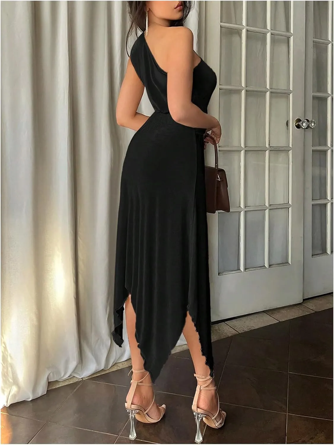 Milumia Women's One Shoulder Sheer Dress Sleeveless Lettuce Asymmetrical Hem Long Dresses