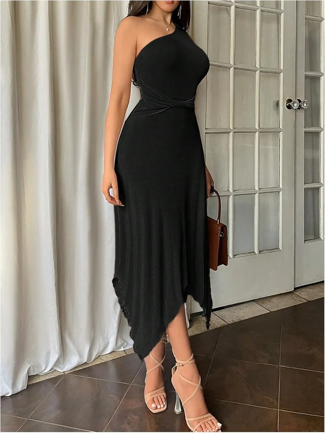 Milumia Women's One Shoulder Sheer Dress Sleeveless Lettuce Asymmetrical Hem Long Dresses