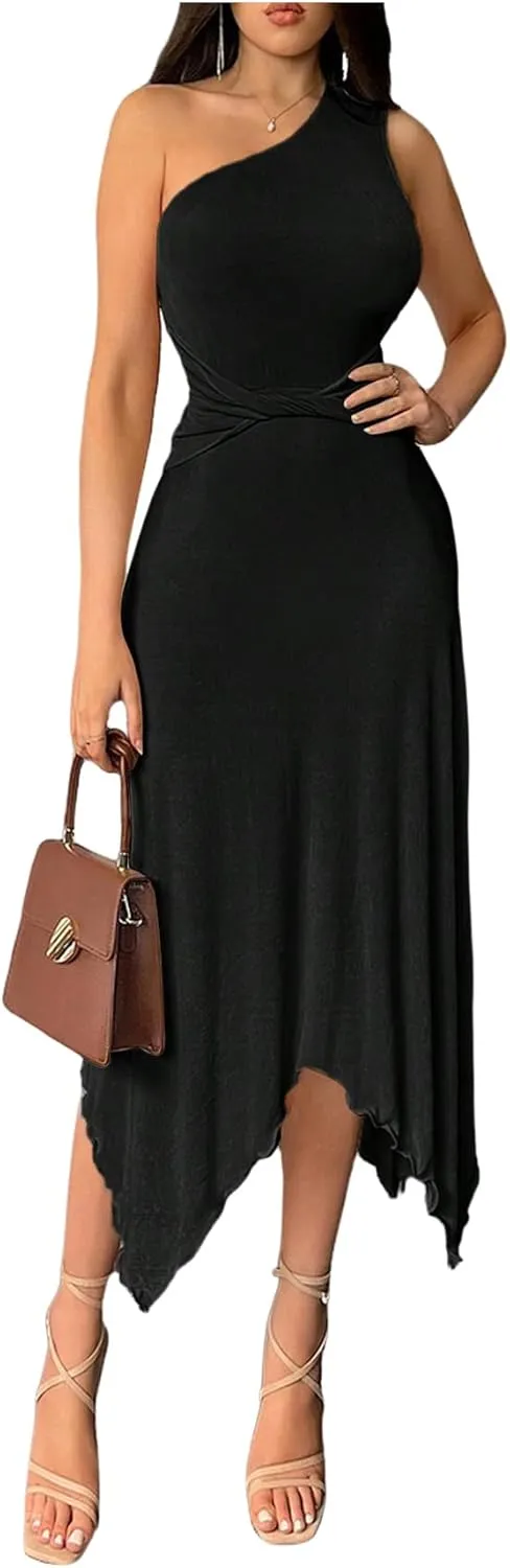 Milumia Women's One Shoulder Sheer Dress Sleeveless Lettuce Asymmetrical Hem Long Dresses