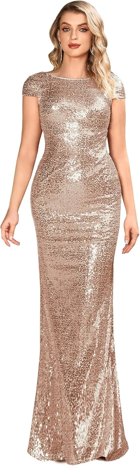 MisShow Women's Sequins Prom Bridesmaid Mermaid Dress Glitter Gold Long Evening Gowns Formal Cocktail Dresses