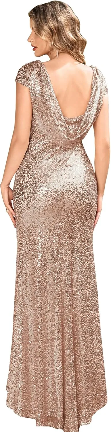 MisShow Women's Sequins Prom Bridesmaid Mermaid Dress Glitter Gold Long Evening Gowns Formal Cocktail Dresses