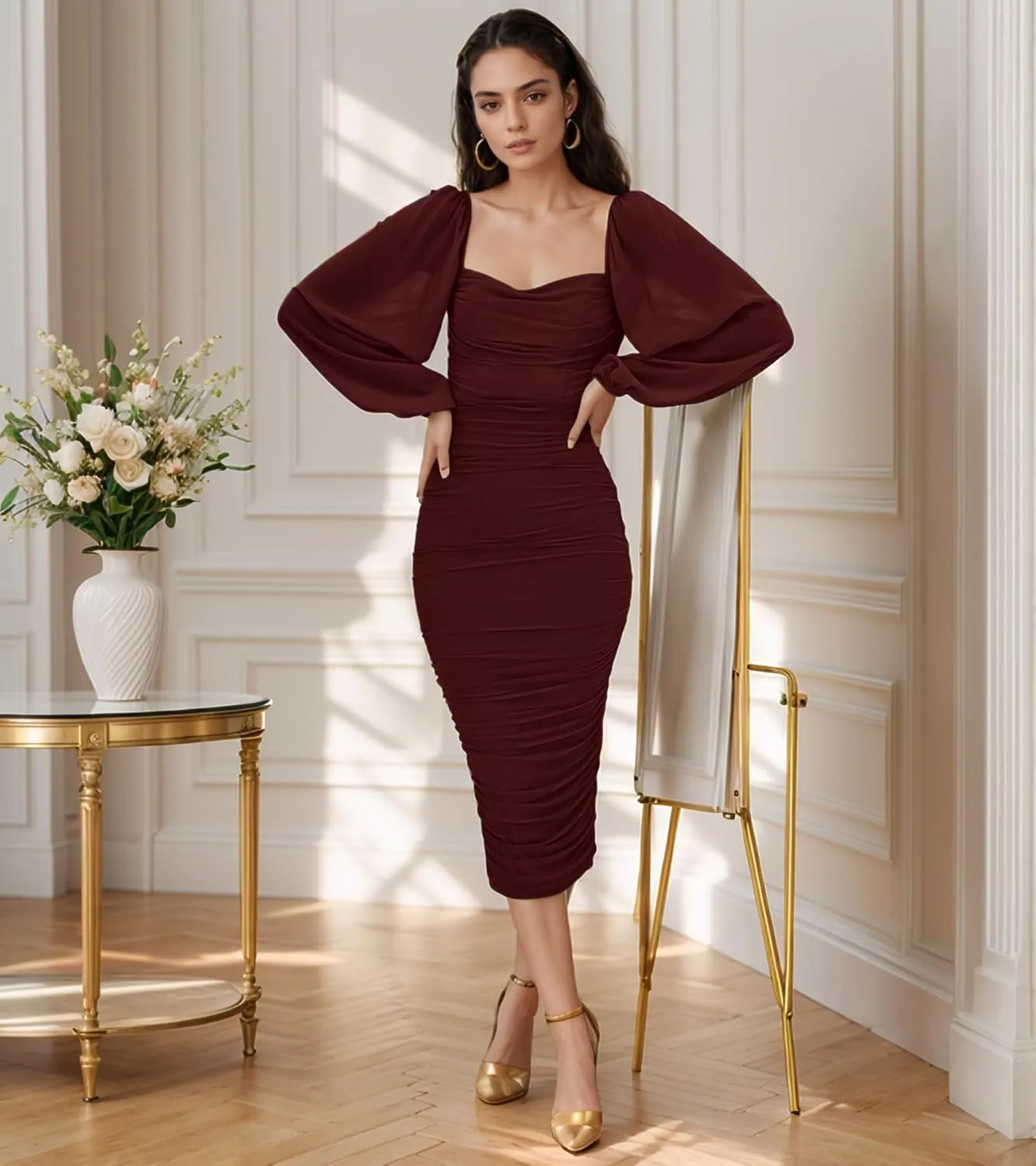 MllesReve Women Long Puffy Sleeve Midi Wedding Guest Dress Ruched Bodycon Tea Length Cocktail Party Dresses Graduation Gown