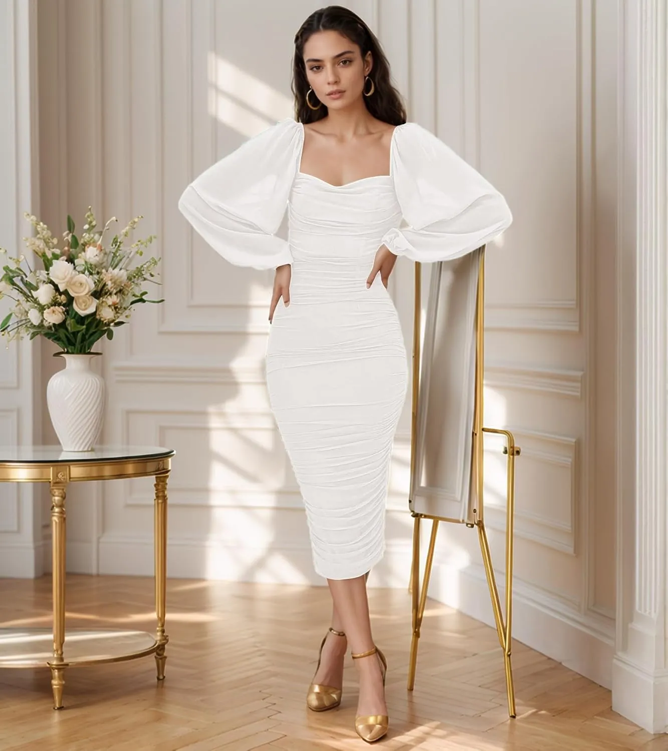 MllesReve Women Long Puffy Sleeve Midi Wedding Guest Dress Ruched Bodycon Tea Length Cocktail Party Dresses Graduation Gown