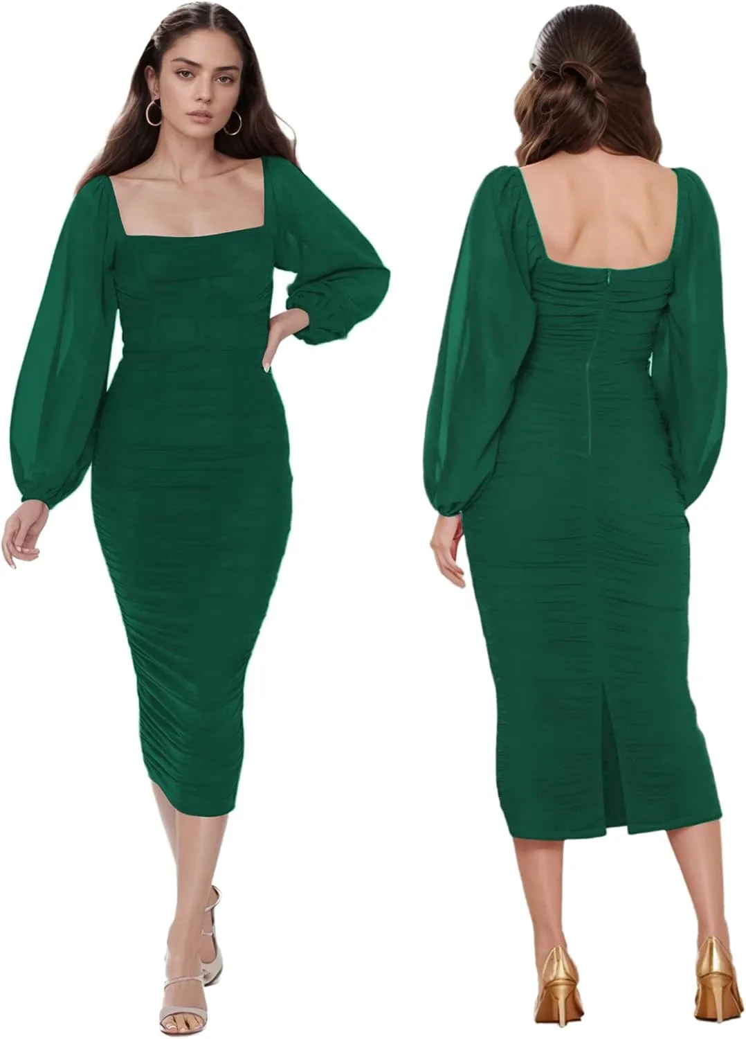 MllesReve Women Long Puffy Sleeve Midi Wedding Guest Dress Ruched Bodycon Tea Length Cocktail Party Dresses Graduation Gown