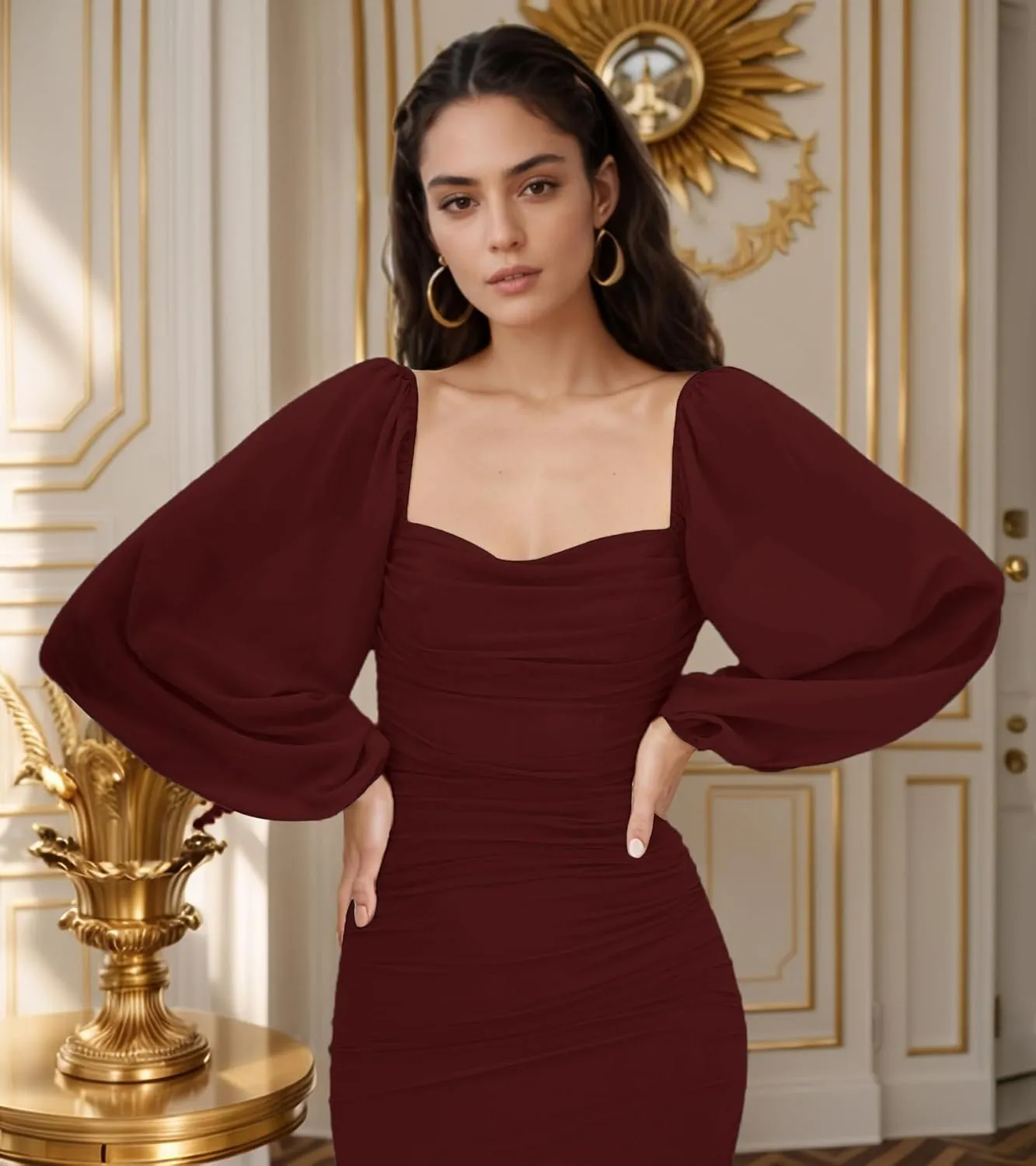 MllesReve Women Long Puffy Sleeve Midi Wedding Guest Dress Ruched Bodycon Tea Length Cocktail Party Dresses Graduation Gown