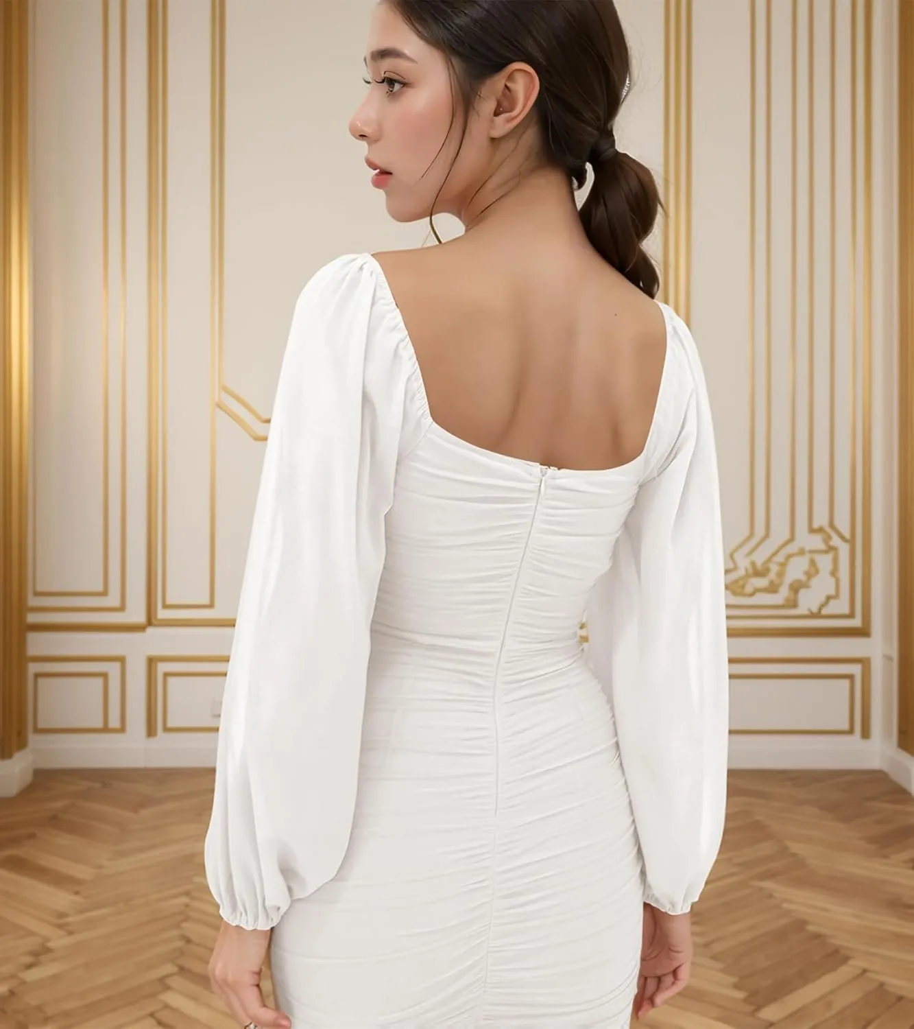MllesReve Women Long Puffy Sleeve Midi Wedding Guest Dress Ruched Bodycon Tea Length Cocktail Party Dresses Graduation Gown