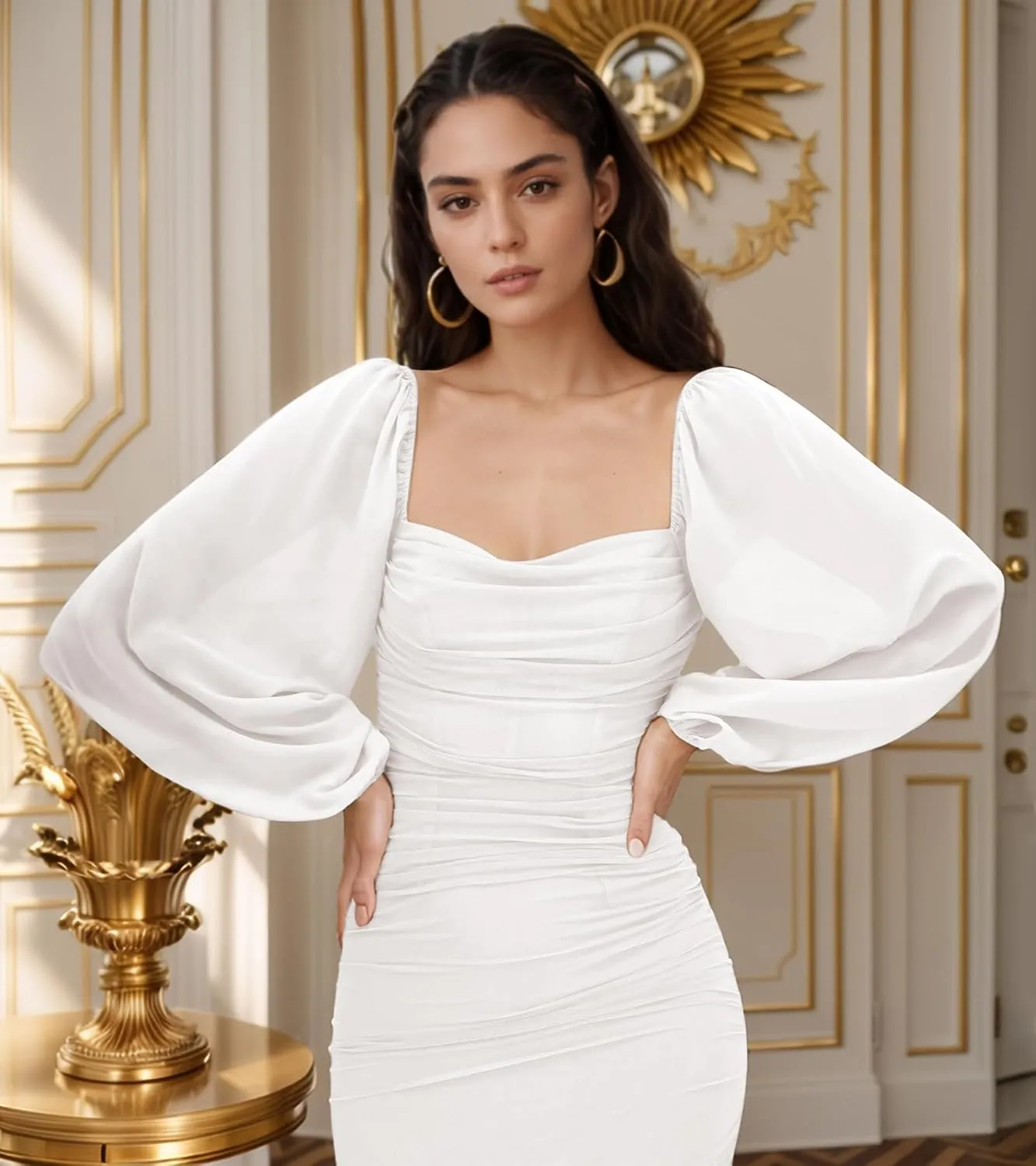 MllesReve Women Long Puffy Sleeve Midi Wedding Guest Dress Ruched Bodycon Tea Length Cocktail Party Dresses Graduation Gown