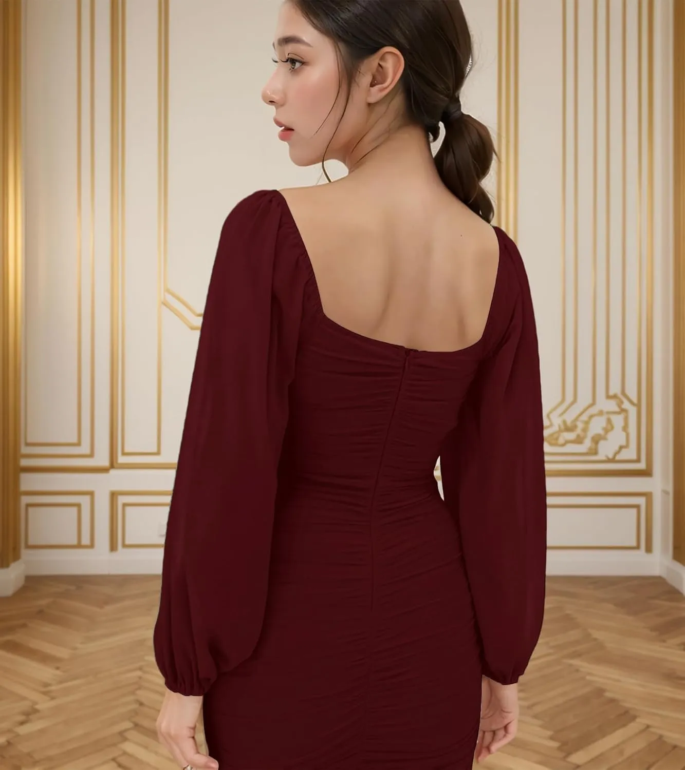 MllesReve Women Long Puffy Sleeve Midi Wedding Guest Dress Ruched Bodycon Tea Length Cocktail Party Dresses Graduation Gown