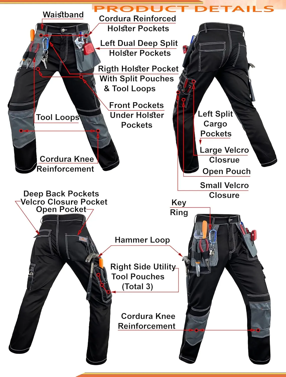 Notus Men’s Workwear Tactical Cordura Knee Construction Utility Cargo Work Trousers Pants with Holster Pockets