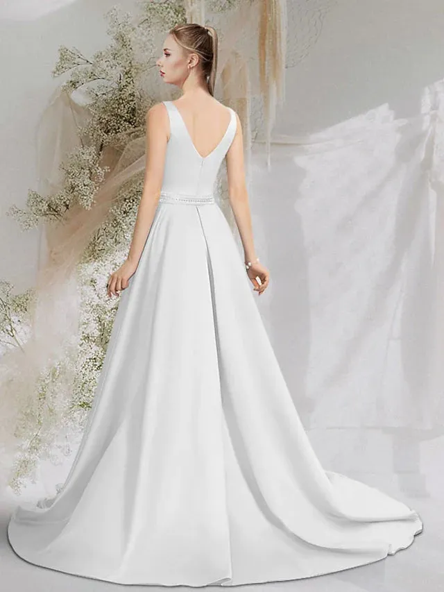 Prom Dresses Luxurious Dress Formal Evening Court Train Sleeveless V Neck Satin with Overskirt Appliques