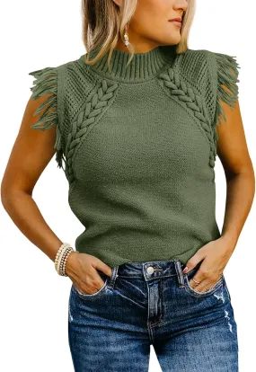 Saodimallsu Womens Sleeveless Sweater Vest Mock Neck Cable Knit Fringe Cap Sleeve Boho Trendy Pullover Tank Tops