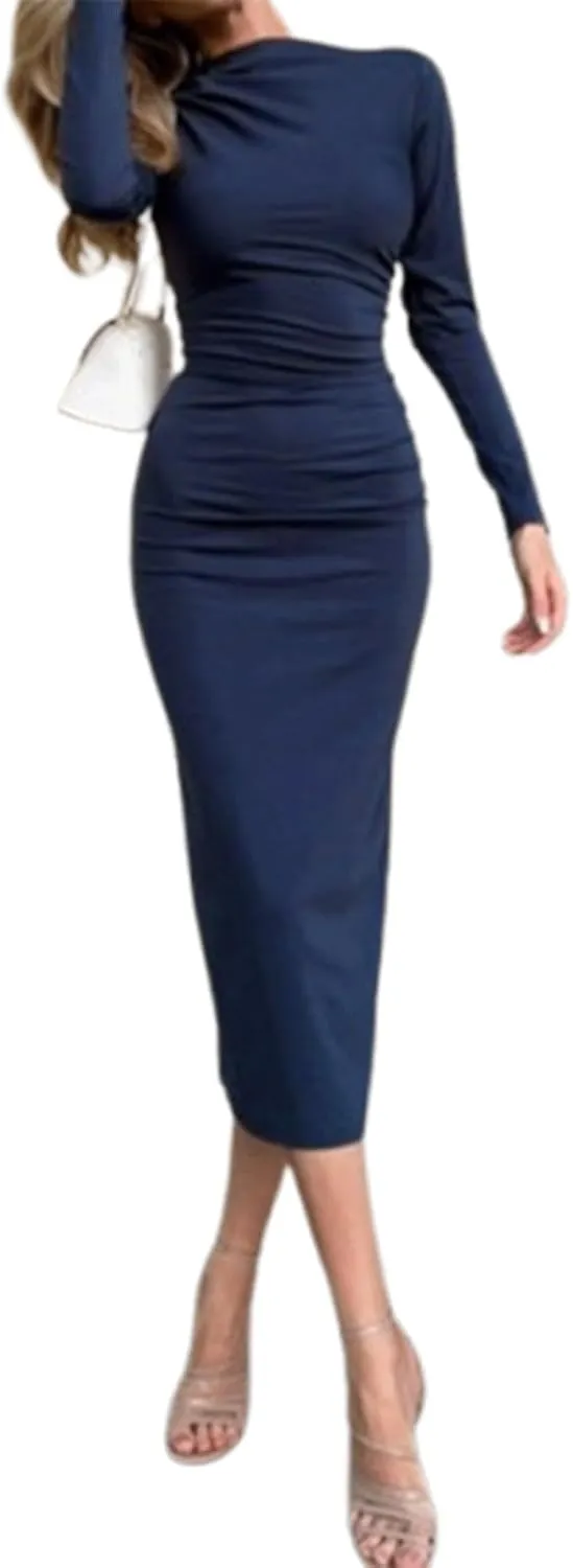 Simple Evening Dress Skinny High Waist Long Skirt High Slit Pullover Evening Dresses for Women Long Sleeves Formal Dresses