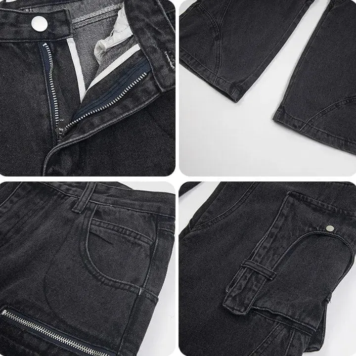 Sneakerhill® Black Cargo Jeans Pleated Pockets