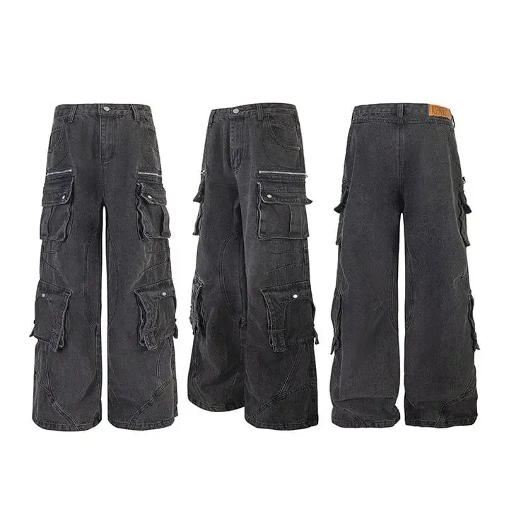 Sneakerhill® Black Cargo Jeans Pleated Pockets