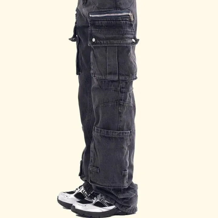 Sneakerhill® Black Cargo Jeans Pleated Pockets