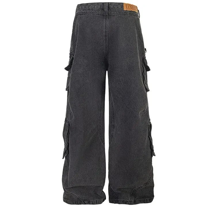 Sneakerhill® Black Cargo Jeans Pleated Pockets