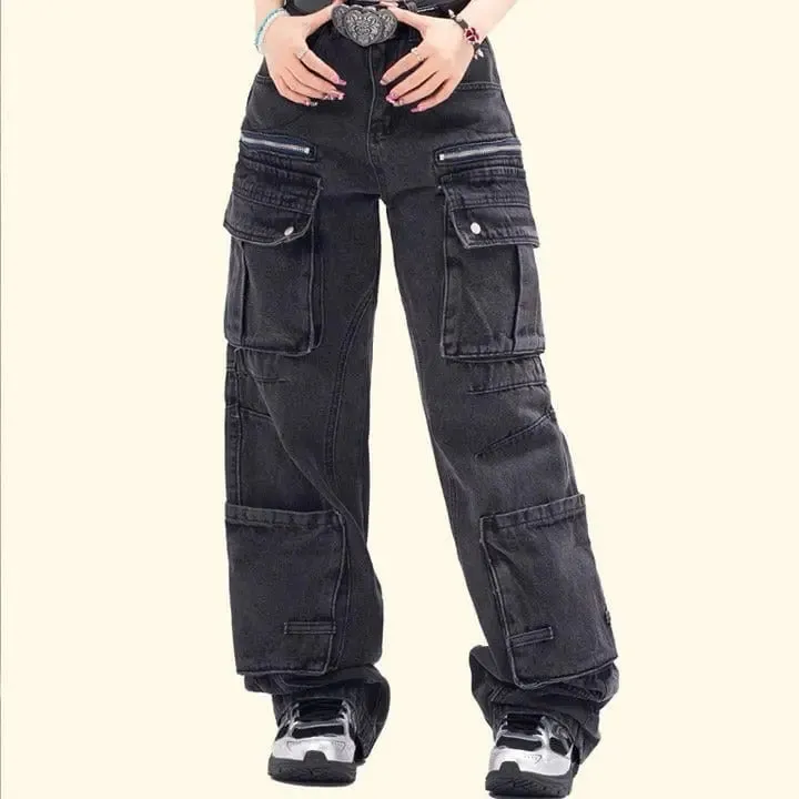 Sneakerhill® Black Cargo Jeans Pleated Pockets