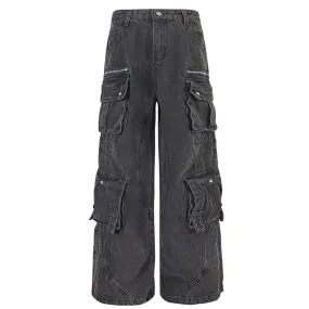 Sneakerhill® Black Cargo Jeans Pleated Pockets