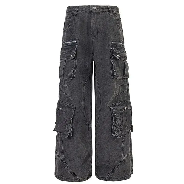Sneakerhill® Black Cargo Jeans Pleated Pockets