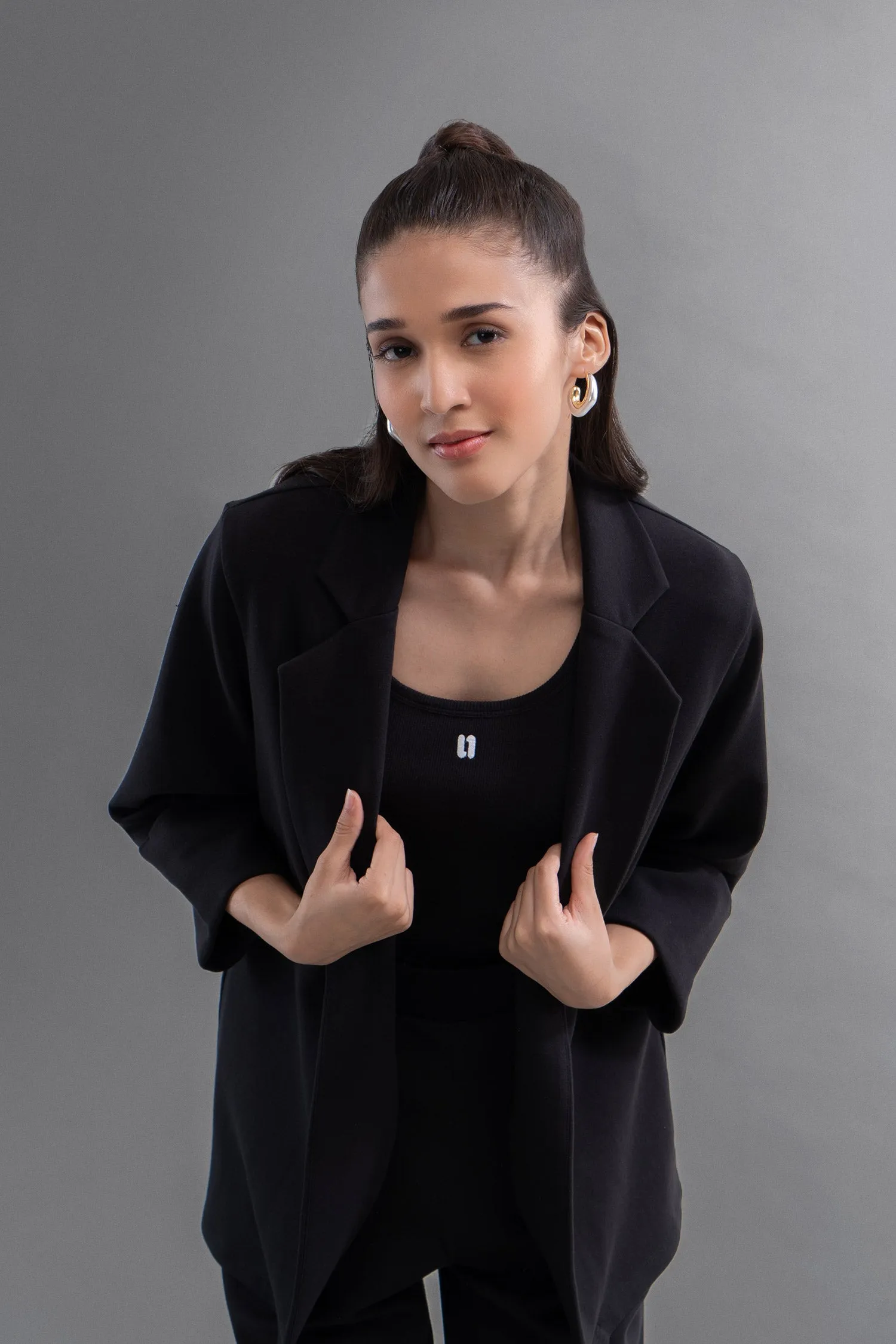 Snugknit® Black Flared Pant With Tank Top & Blazer