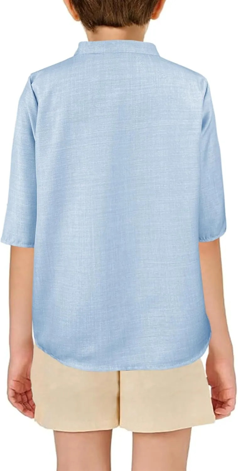 Sunborui Boys 3/4 Sleeve Linen Henley Shirts Summer Button Up Dress Shirts Casual Lightweight Tees Tops
