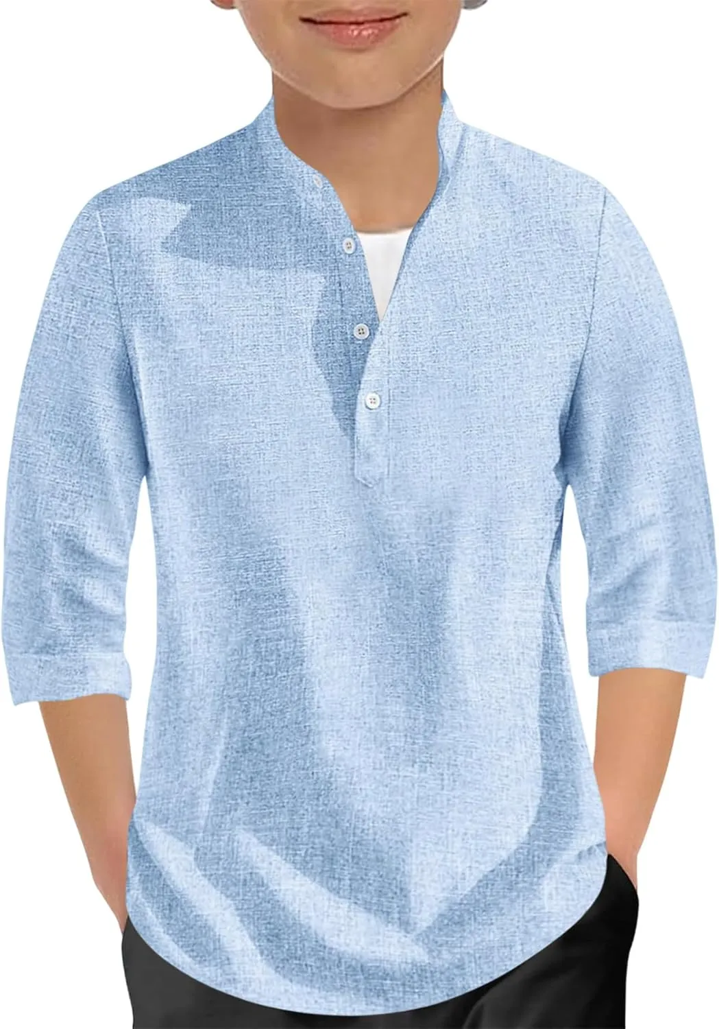 Sunborui Boys 3/4 Sleeve Linen Henley Shirts Summer Button Up Dress Shirts Casual Lightweight Tees Tops