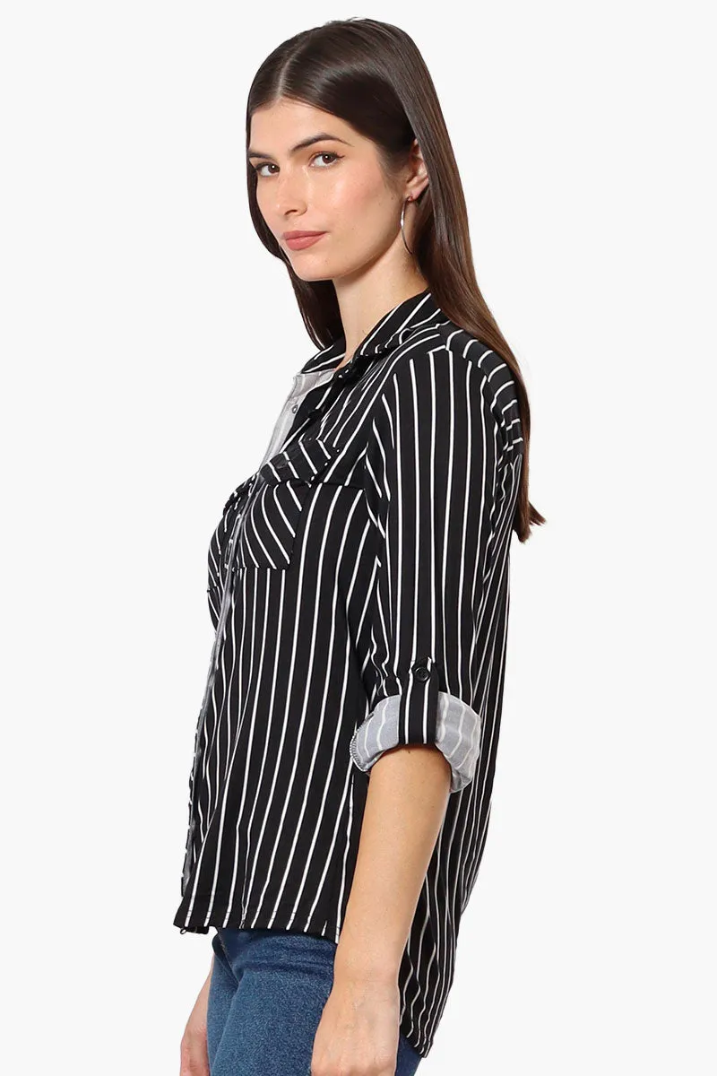 Urbanology Striped Roll Up Sleeve Button Up Shirt - Black
