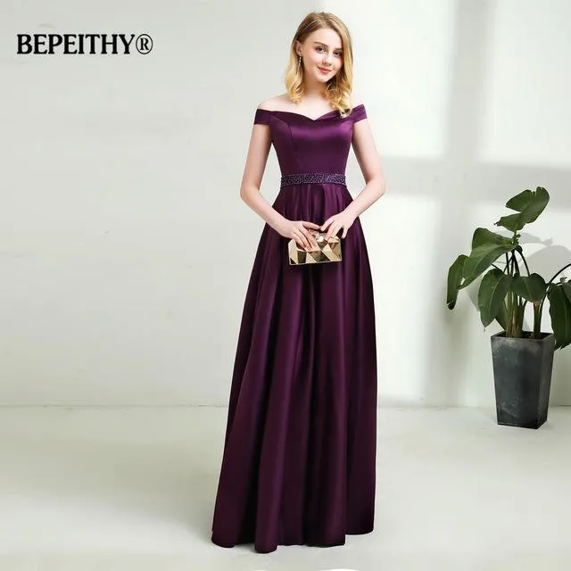 Vestido De Festa A-line Long Evening Dress Vintage Off The Shoulder Prom Dresses Crystal Belt Robe De Soiree 2017