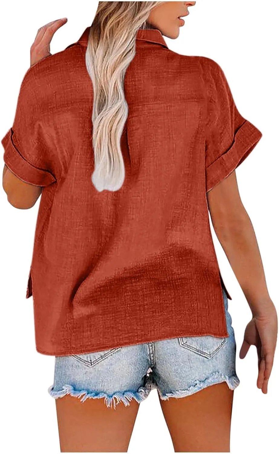 Womens Button Down Cotton Linen Shirts V Neck Roll Up Short Sleeve Blouses Loose Collared Shirt Summer Casual Tops