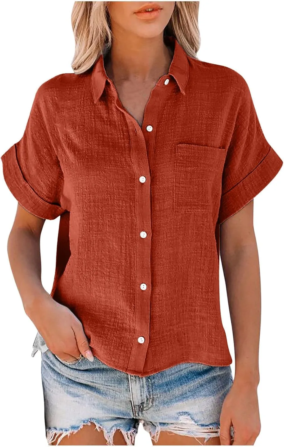 Womens Button Down Cotton Linen Shirts V Neck Roll Up Short Sleeve Blouses Loose Collared Shirt Summer Casual Tops