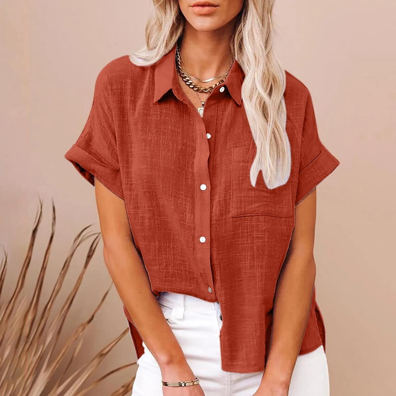Womens Button Down Cotton Linen Shirts V Neck Roll Up Short Sleeve Blouses Loose Collared Shirt Summer Casual Tops