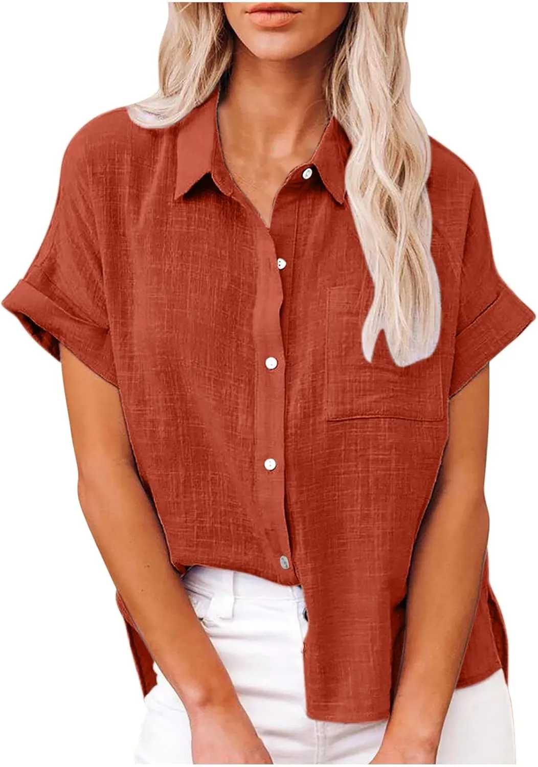Womens Button Down Cotton Linen Shirts V Neck Roll Up Short Sleeve Blouses Loose Collared Shirt Summer Casual Tops