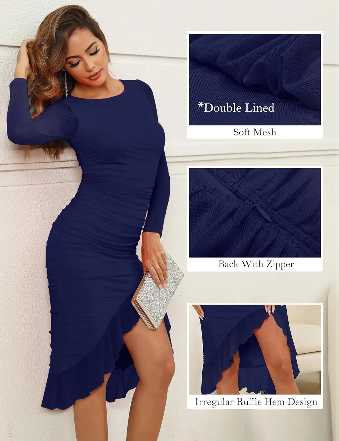 Zattcas Women's 2025 Spring Summer Sexy Ruched Bodycon Midi Dress Mesh Long Sleeve Ruffle Hem Cocktail Wedding Party Dress