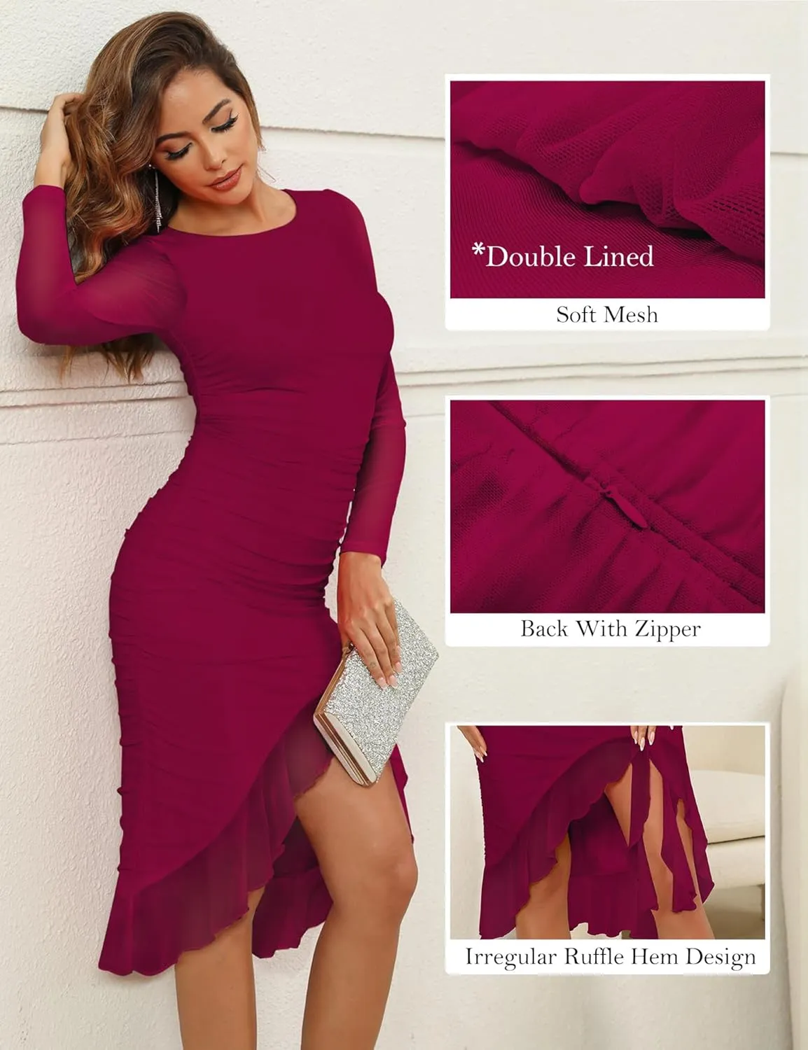 Zattcas Women's 2025 Spring Summer Sexy Ruched Bodycon Midi Dress Mesh Long Sleeve Ruffle Hem Cocktail Wedding Party Dress